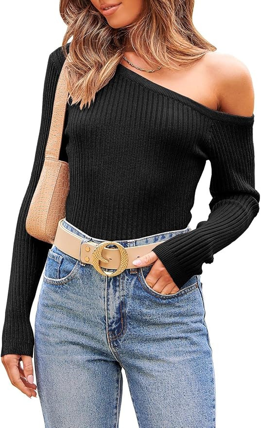 Caracilia Women's Off Shoulder Long Sleeve Ribbed Knit Sweater Casual Slim Fit Crop Pullover Tops | Amazon (US)