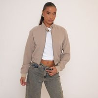 Long Sleeve High Neck Zip Front Bomber Jacket In Soft Touch Beige, Women's Size UK 6 | EGO (UK)