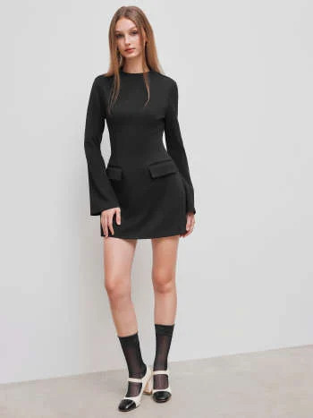Valentine Knit Fabric High Neck Solid Long Sleeve Mini Dress For Work | Cider
