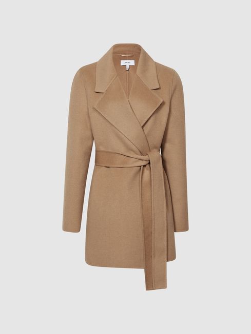 Reiss Camel Amalia Belted Blindseam Short Wool Coat | Reiss UK