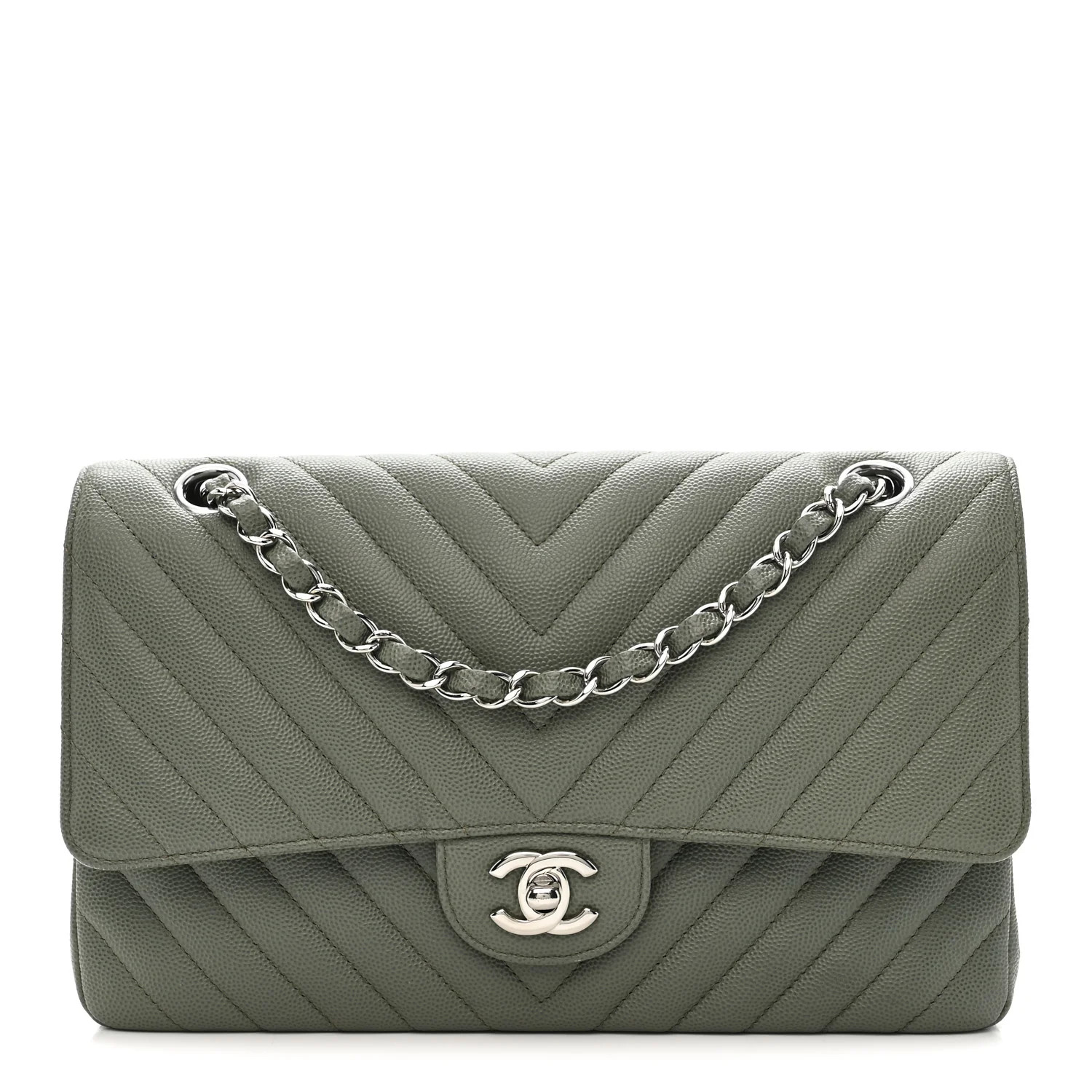 Caviar Chevron Quilted Medium Double Flap  Green | FASHIONPHILE (US)