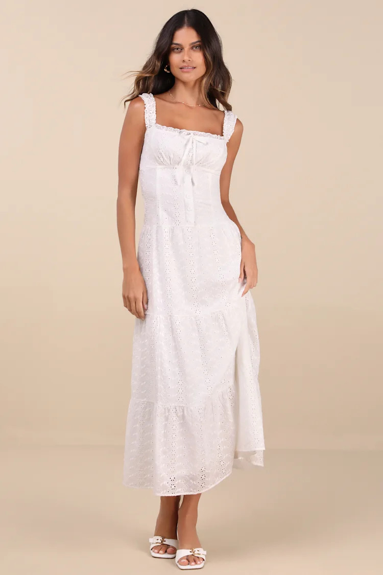 Nerissa White Eyelet Embroidered Ruffled Drop Waist Midi Dress | Lulus
