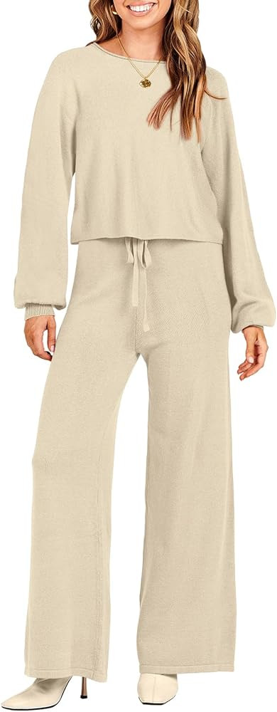 ANRABESS Women’s Two Piece Outfits Sweatsuit Long Lantern Sleeve Crewneck Crop Top with Wide Le... | Amazon (US)