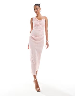 ASOS DESIGN plisse asymmetric drape cami midi dress in pale pink | ASOS | ASOS (Global)