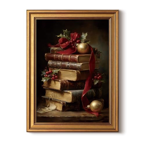 InSimSea Gold Framed Christmas Wall Art, Vintage Canvas Prints Decor, Retro Book Paintings Wall Shelf Decor, Rustic Pictures for Winter Xmas Study Bedroom Holiday Decoration Gifts, 12x16inch | Amazon (US)