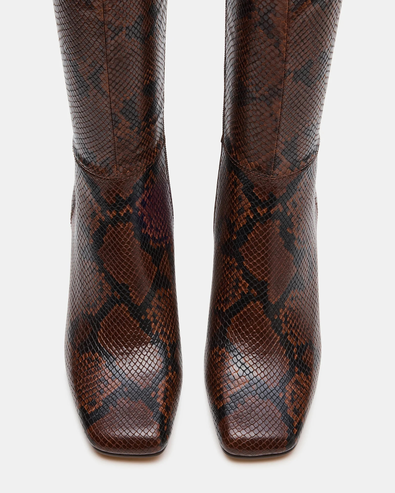 ELLIOT Brown Snake Square-Toe Knee-High Block Heel Women's Boot | Steve Madden (US)