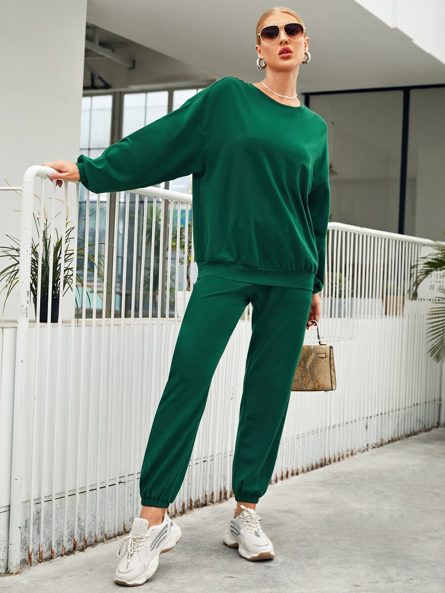 Solid Drop Shoulder Pullover & Sweatpants Set | SHEIN