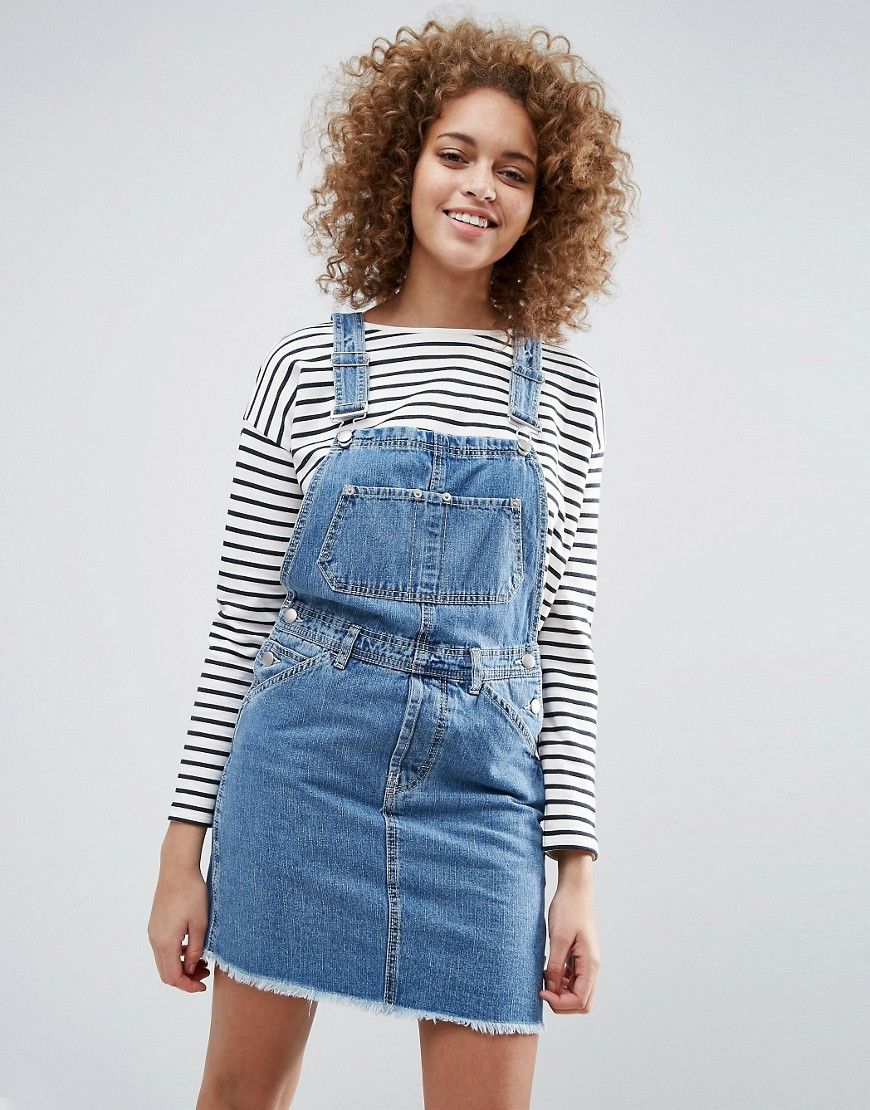 ASOS Denim Dungaree Dress in Mid Wash Blue - Mid- blue | ASOS UK