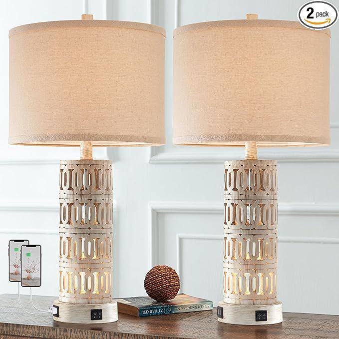 RORIANO Set of 2 Resin Vintage Table Lamps for Bedroom, Hollow Night Light Devise with USB Chargi... | Amazon (US)