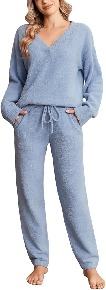 Snuggle Sac Fleece Pajama Sets for Women V Neck Ultra Soft Warm Long Sleeve Winter Pjs Fuzzy Loun... | Amazon (US)