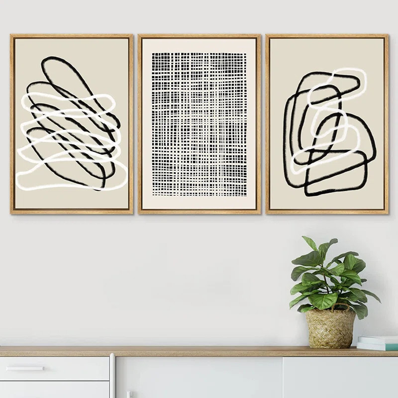 Black Grunge Paint Strokes Minimalist Neutral Abstract Framed On Canvas Wall Art 3 Pieces Print | Wayfair North America