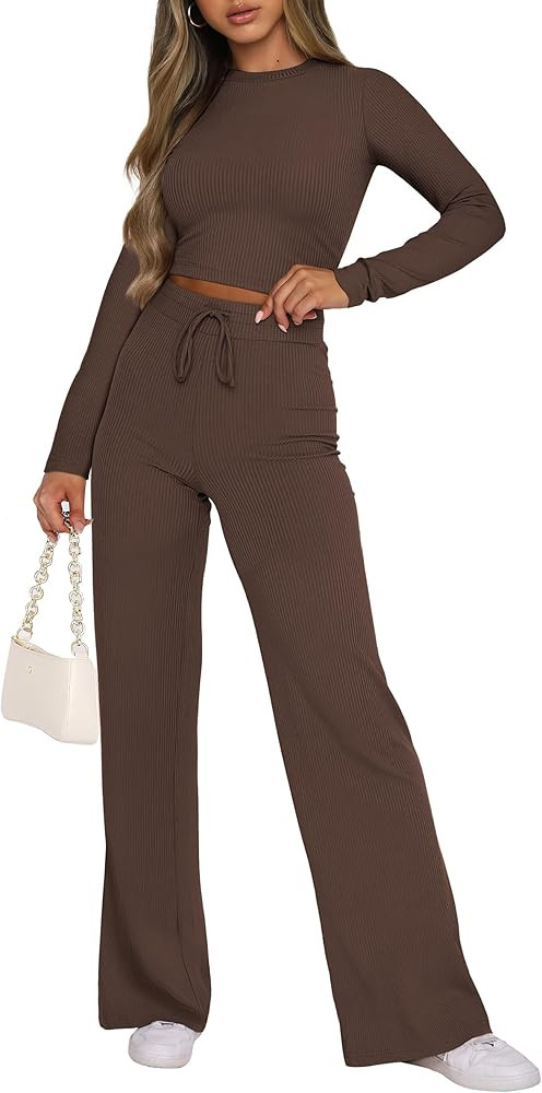 Caracilia Women's 2 Piece Lounge Sets Long Sleeve Crop Tops Flare Pants Ribbed Knit Matching Paja... | Amazon (US)