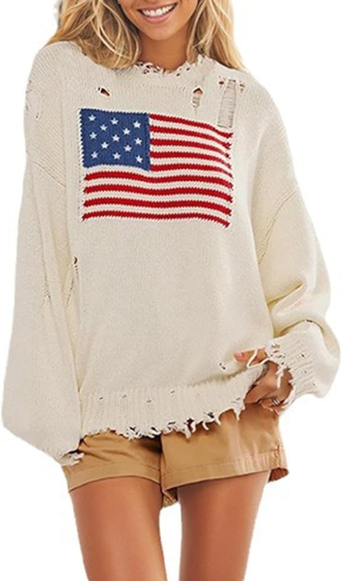 Womens Casual Long Sleeve American Flag Print Crew Neck Sweater Pullover Tops for Women | Amazon (US)