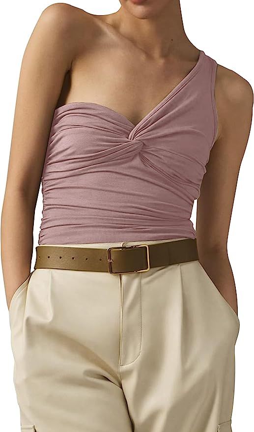 Meladyan Women’s One Shoulder Twist Knot Crop Tank Tops Ruched Sleeveless Solid Slim Fit Tank C... | Amazon (US)