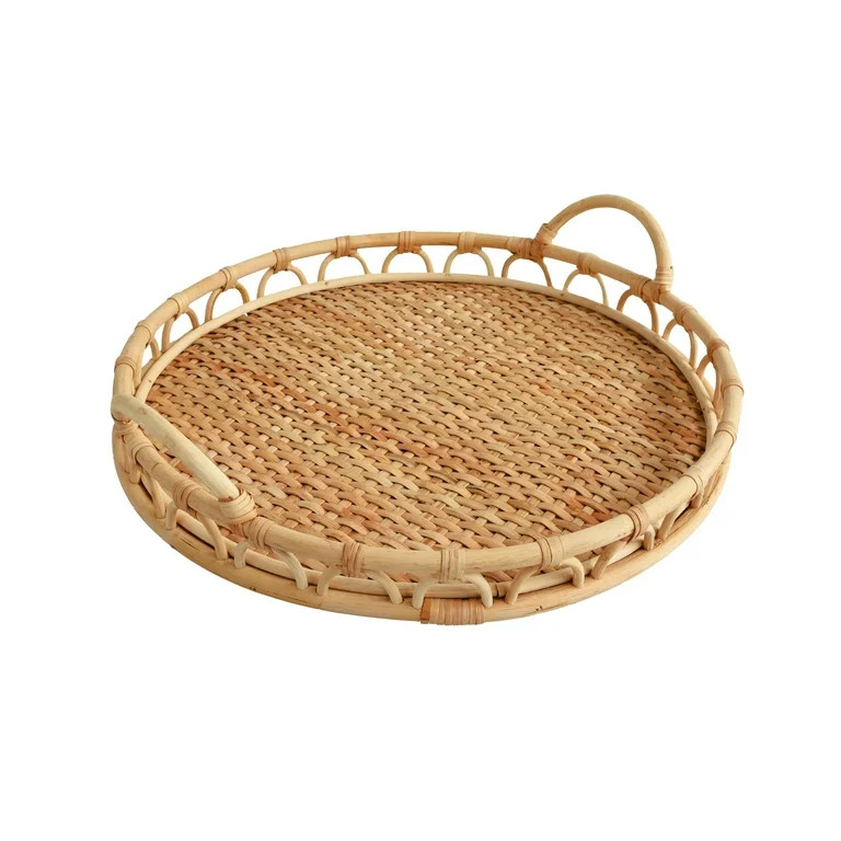 Eden Grace Set of 3 Hand Woven Round Rattan Serving Trays with Wavy Design and Handles, Tea Tray,... | Walmart (US)