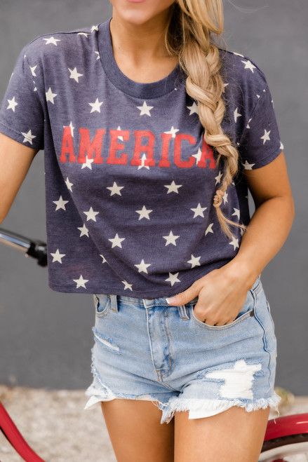 America Block Cropped Graphic Tee Navy | The Pink Lily Boutique