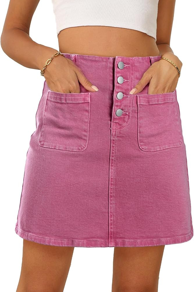 Sidefeel Women's High Waisted Button Down Denim Mini Skirt Stretchy A-Line Jean Skirt with Pocket... | Amazon (US)