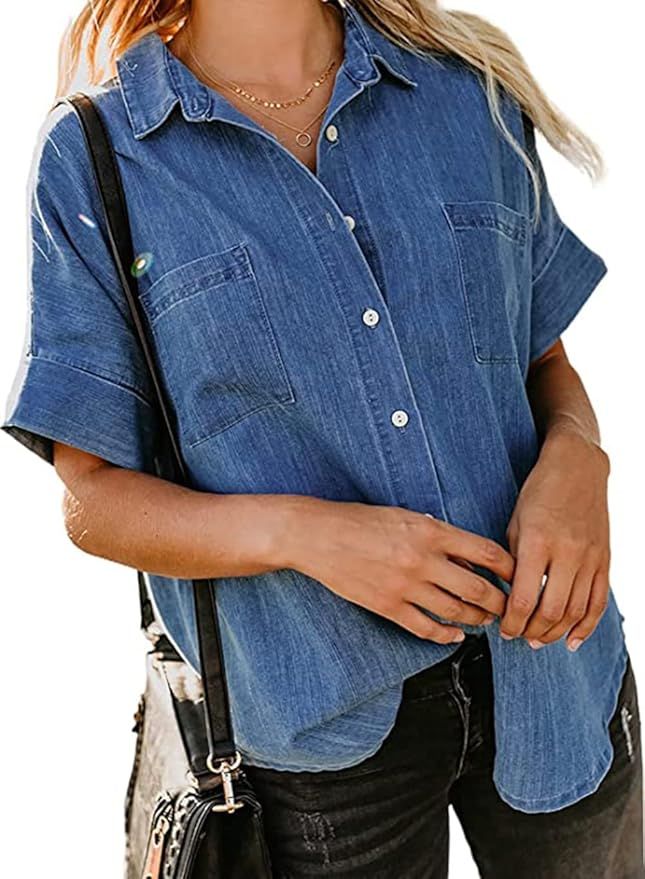 Chvity Denim Blouse Women Short Sleeve Button Down Shirts V Neck Loose Casual Collared Shirts wit... | Amazon (US)