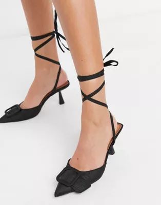 ASOS DESIGN Shelby buckle feature tie leg mid heels in black | ASOS (Global)