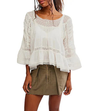 Free People She's A Romantic Boat Neck Bell Sleeve Lace Paneling Blouse -  XL | Dillard's