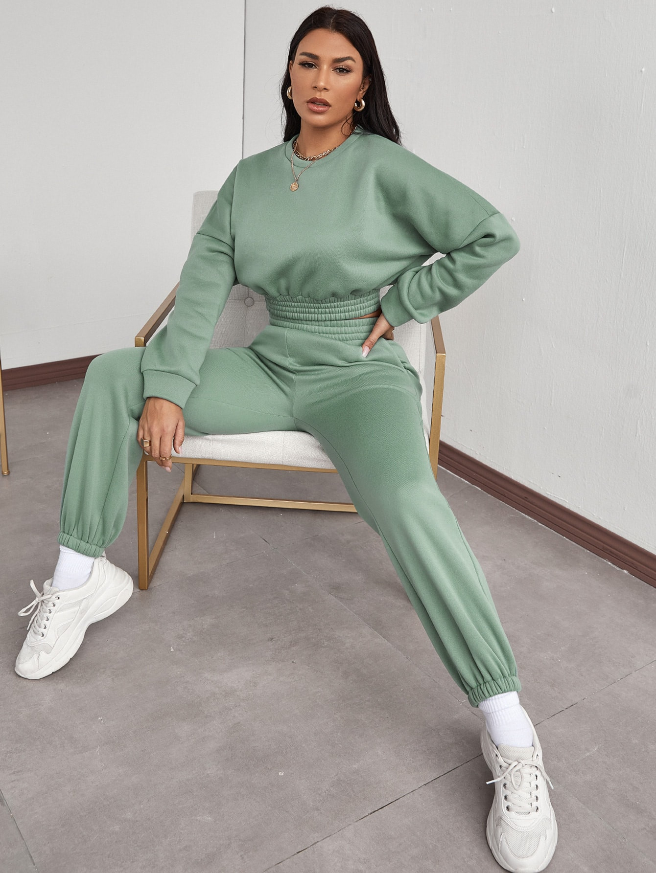 Drop Shoulder Crop Thermal Pullover & Sweatpants Set | SHEIN