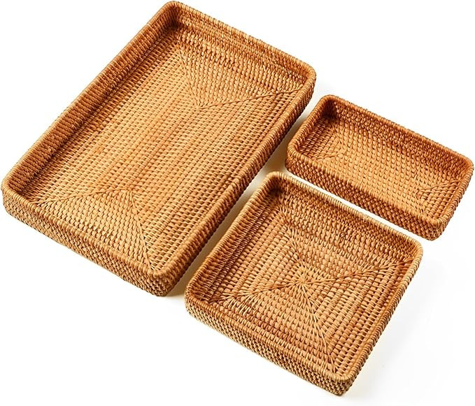 i-lan Set of 3 15" Rattan Woven Serving Tray Basket with MOP Wooden Base and Handles, Boho Wicker... | Amazon (US)