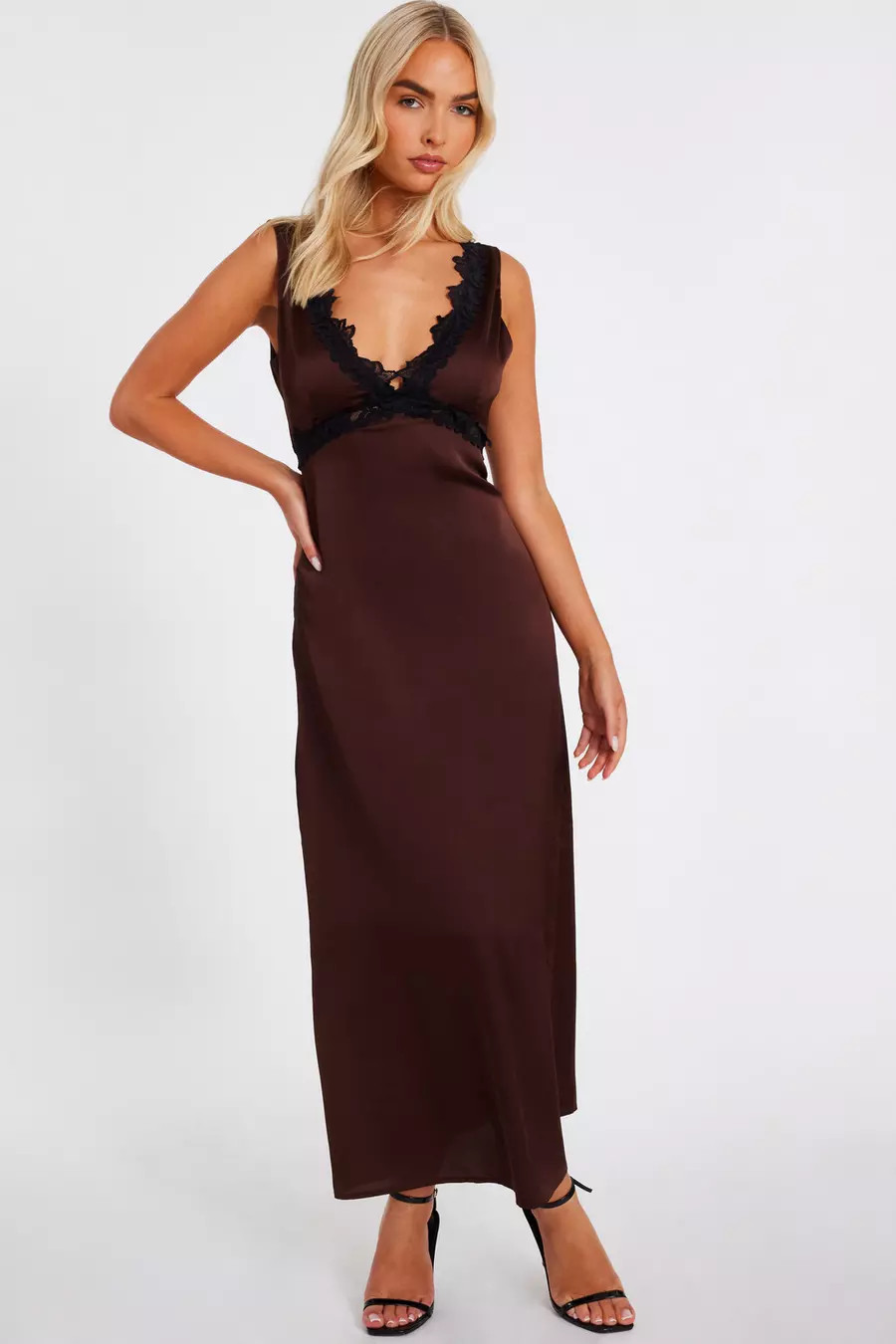Brown Lace Trim Midaxi Dress | Quiz Clothing