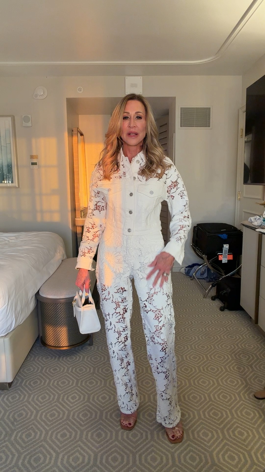 White lace set from The Noli Shop paired with a Veronica Beard bag and Cult Gaia sandals.  Very similar set linked.

#LTKOver40 #LTKgrwm #LTKSeasonal