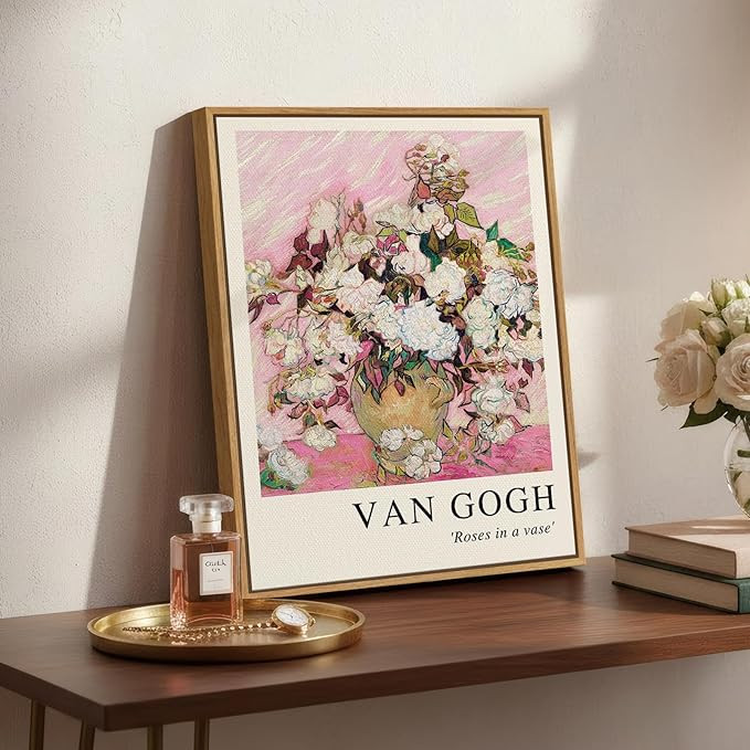 Framed Van Gogh Floral Wall Art, Roses in a Vase Vintage Canvas Print, Pink Botanical Impressioni... | Amazon (US)