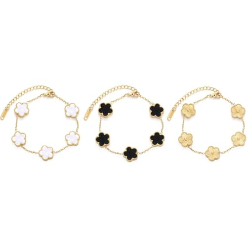 Clover Lucky Bracelet 18K Gold Plated Gold/White/Black Four Leaf Bracelets Dainty Link Jewelry Gifts for Women (3pcs White+Black+Gold) | Amazon (US)