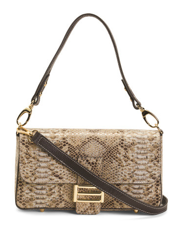 Made In Italy Leather Snake Flap Over Baguette Crossbody | TJ Maxx