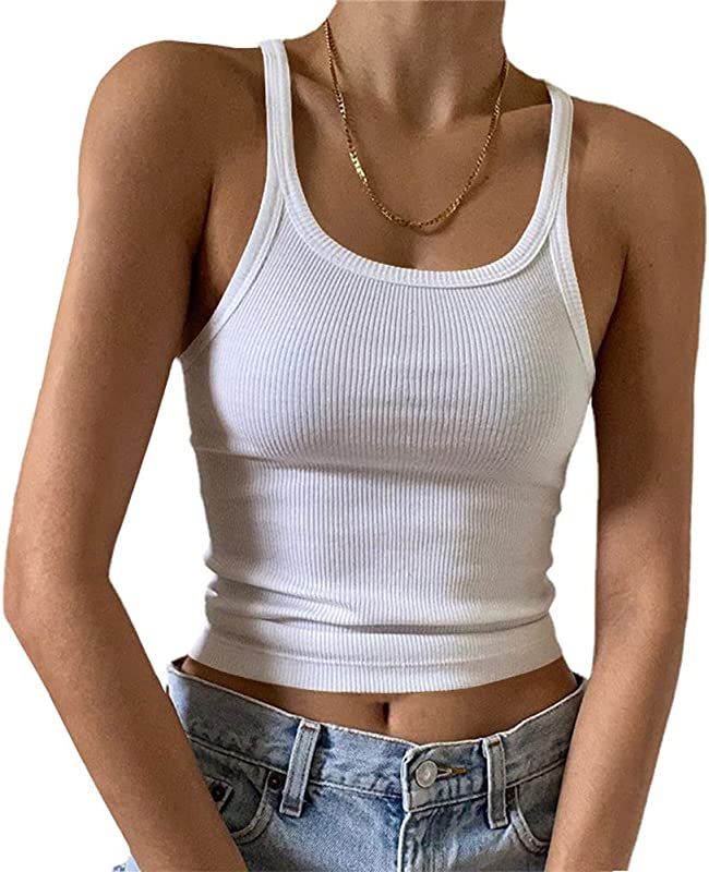 Women's Sleeveless Tank Top Form Fitting Scoop Neck Ribbed Knit Basic Cami Shirts | Amazon (US)