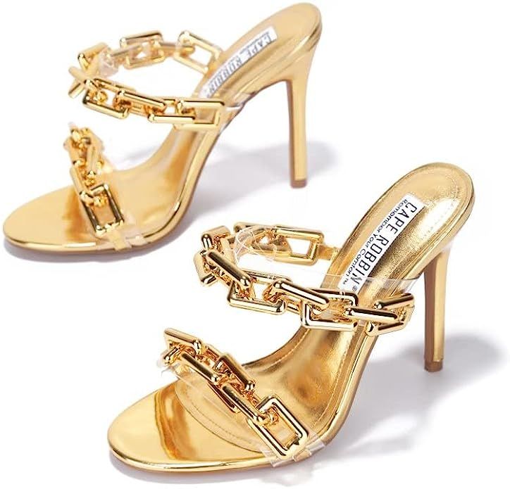 Cape Robbin Roma Gold Heels, Oval Open Toe Sexy Stiletto with Chain Nude Two Strap | Amazon (US)