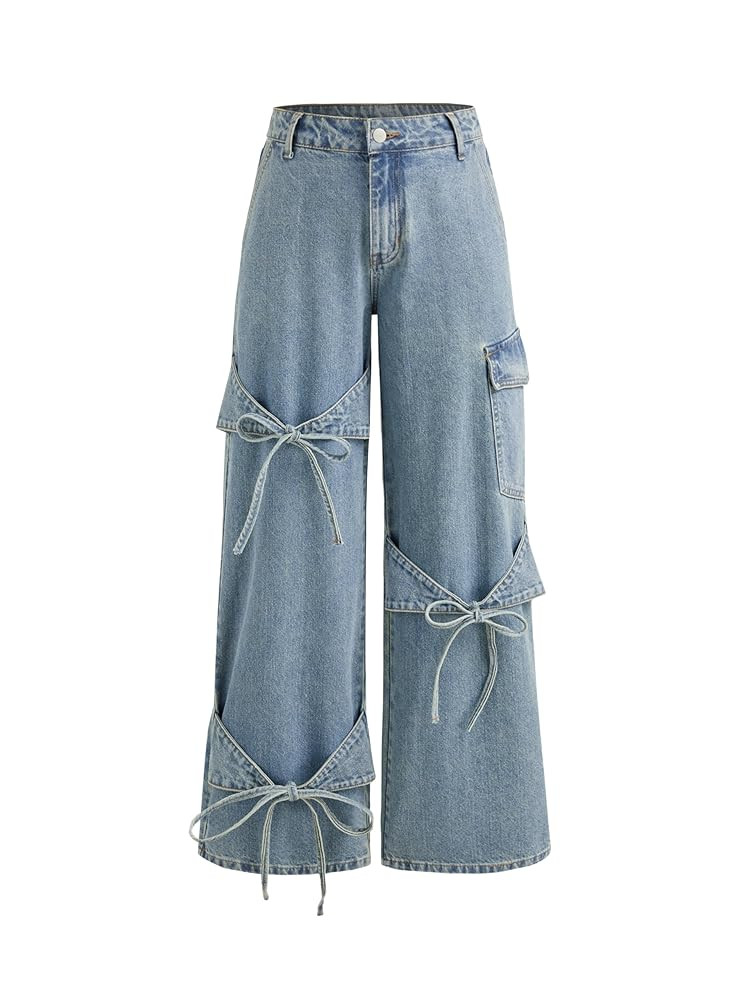CIDER Baggy Jeans for Women Low Waisted Wide Straight Leg Bow Jeans Denim Pants | Amazon (US)
