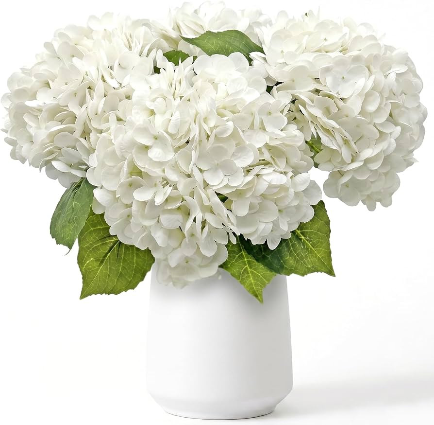4 Pcs White Hydrangea Artificial Flowers with Stems, 21" Latex Real Touch Faux Hydrangea Large Fa... | Amazon (US)