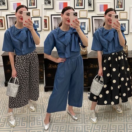casual, but make it polished 🎀 Love this MAE x Val chambray set. Chambray shirt runs true- I’m wearing the small. Chambray pants & star pants run true & have stretch in the back- I’m wearing the small. Polkadot midi skirt runs true- I’m wearing the 4. Silver sneakers run true- if you’re a half size go up. 