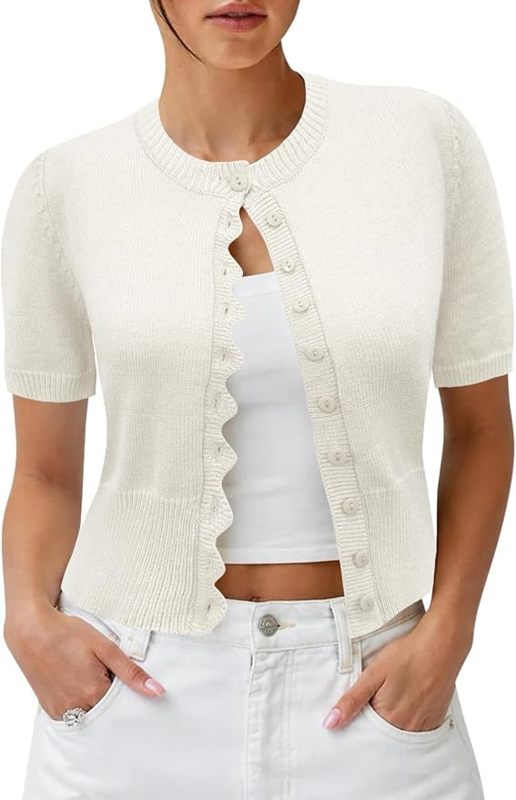Women Cropped Short Sleeve Cardigan Button Down Lightweight Sweater Top | Amazon (US)