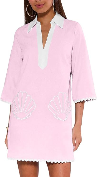 Summer Dresses for Women Shell Embroidered Loose Mini Dress, Boho V-Neck 3/4 Sleeve Contrast Wave... | Amazon (US)