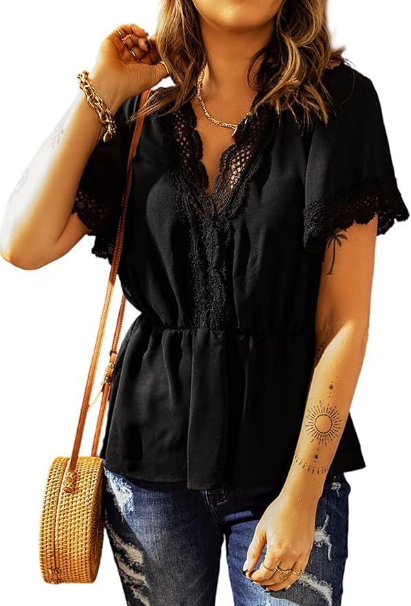 BLENCOT Lace v Neck Crochet Blouses Ruffle Short Sleeves Elastic Waist Fashion Peplum Dressy Shir... | Amazon (US)