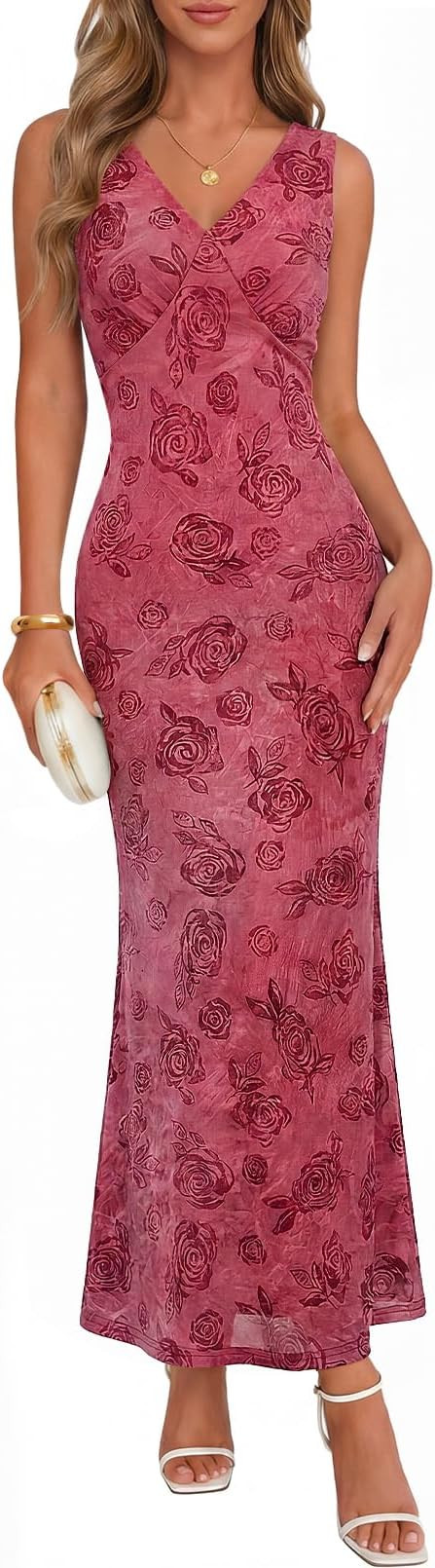 Amazon.com: MEROKEETY Women's Summer Sleeveless Floral Bodycon Maxi Dress 2026 Elegant Formal V N... | Amazon (US)