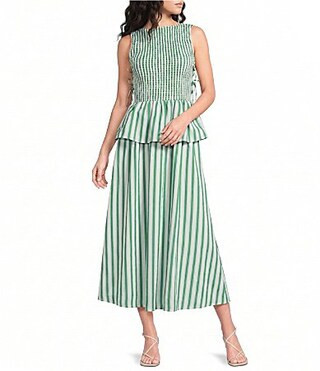 Lucy Paris Merrit Striped Boat Neck Sleeveless Peplum Smocked Midi Dress - M | Dillard's
