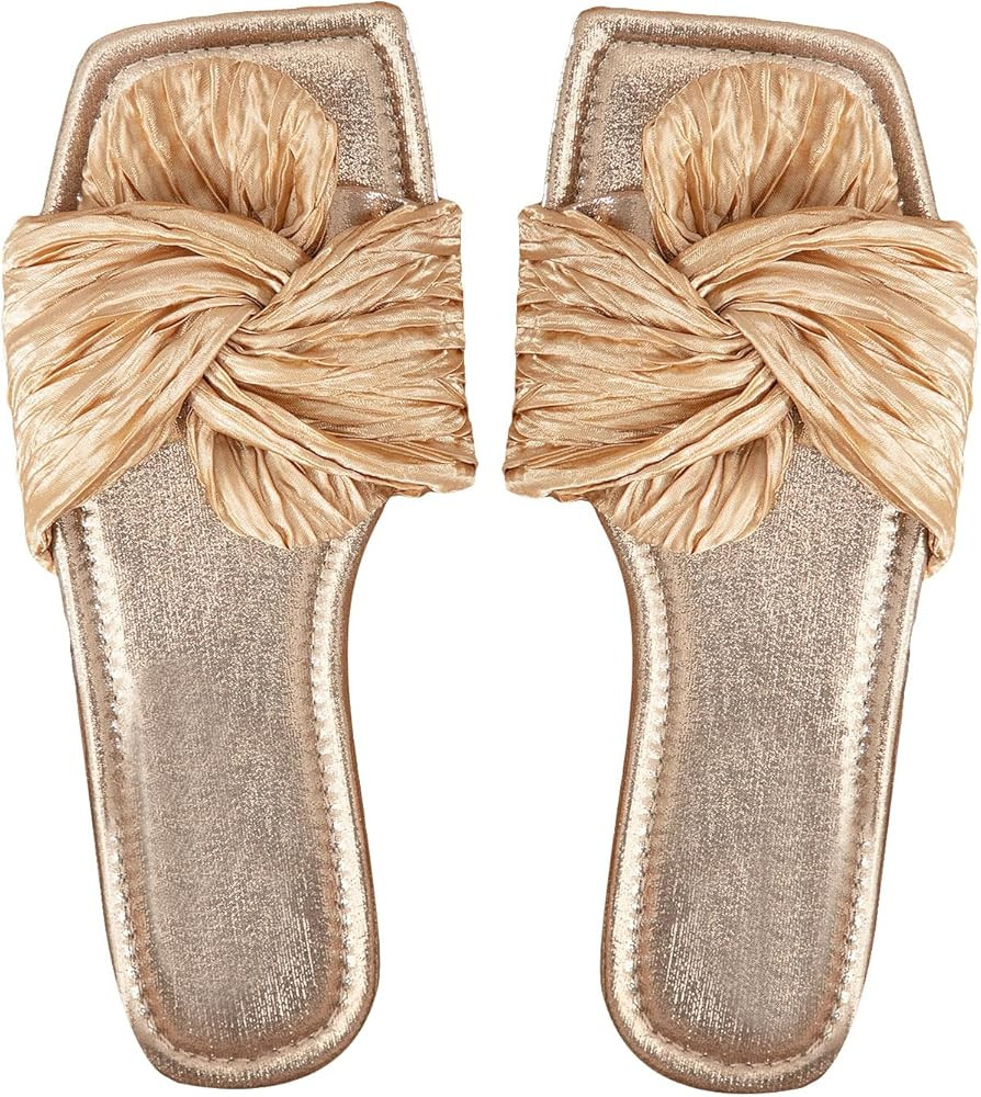 OYOANGLE Women's Metallic Twist Front Open Toe Flat Sandals Fashion Slide Sandals | Amazon (US)