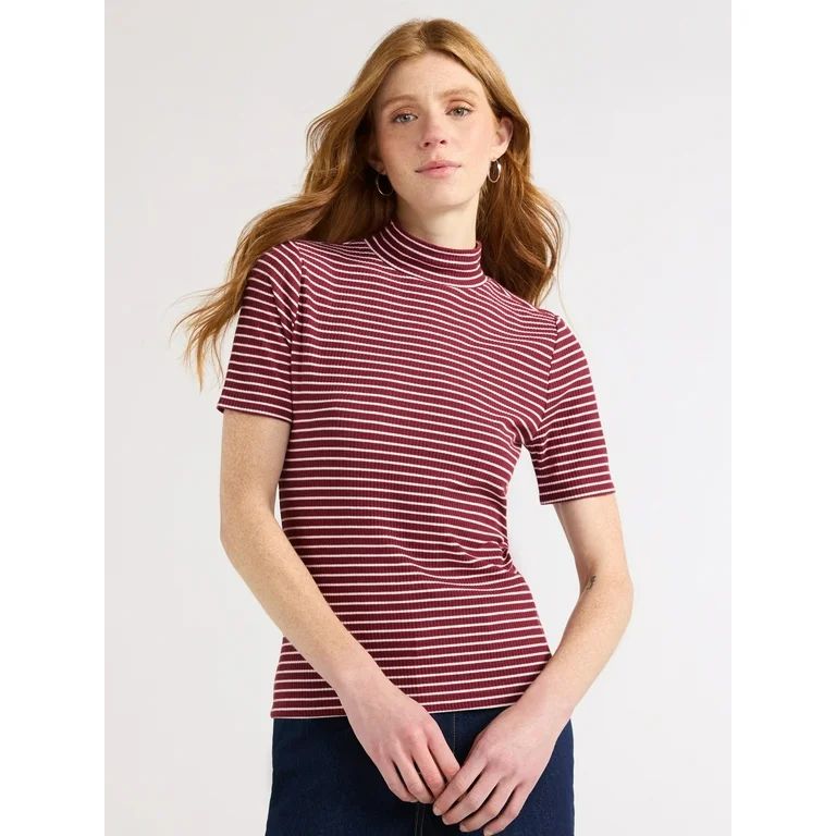 Free Assembly Women's Ribbed Mock Neck Top with Short Sleeves, Sizes XS-XXL | Walmart (US)