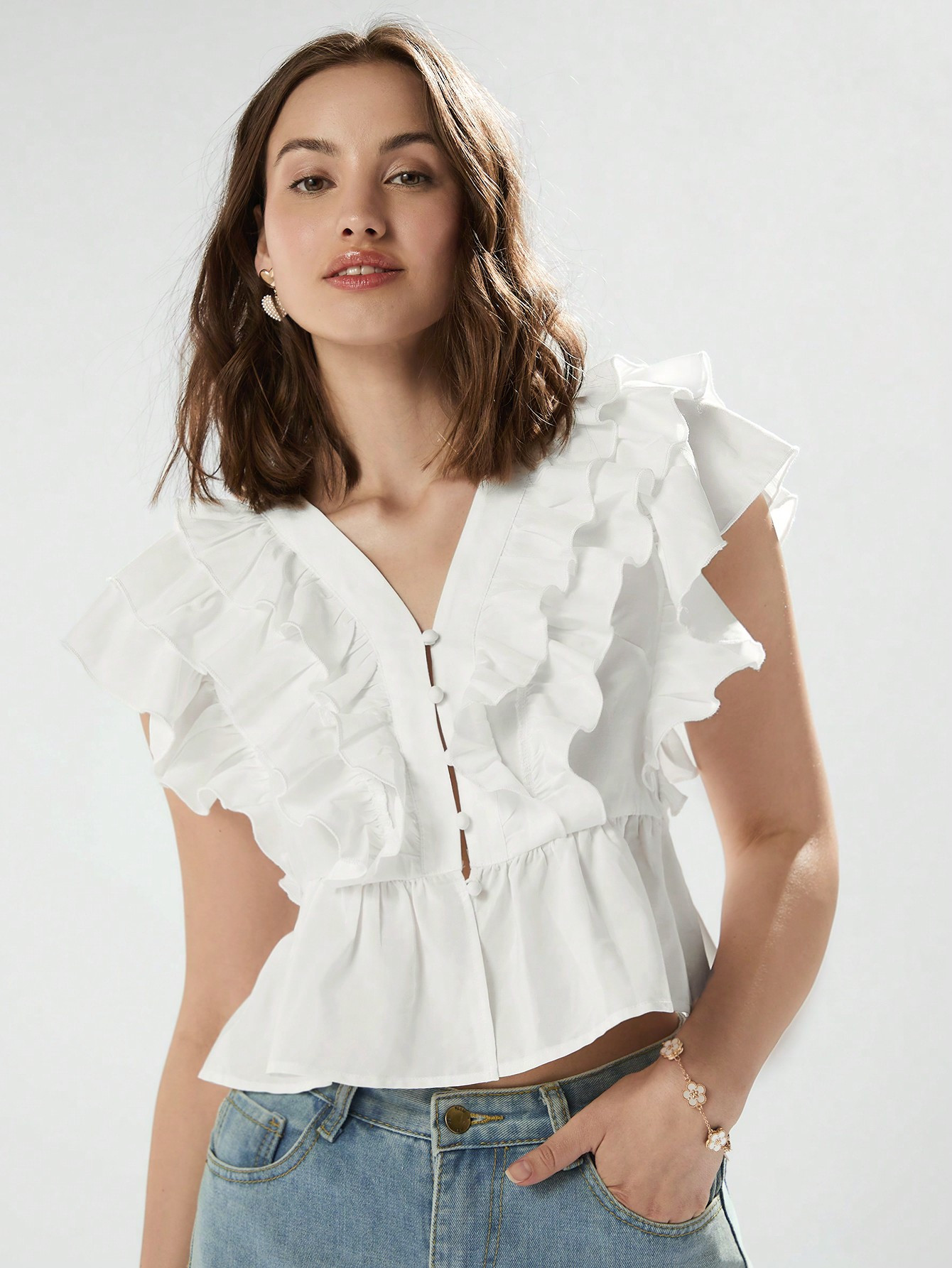Enchnt Women's Elegant Solid Color Ruffled Waist Top, Summer | SHEIN USA | SHEIN