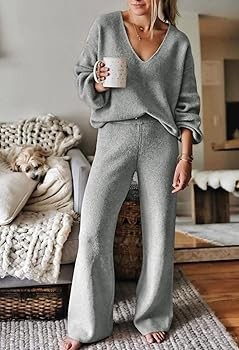 Viottiset Women's 2 Piece Outfits Casual V Neck Knit Wide Leg Sweater Lounge Set Sweatsuit | Amazon (US)