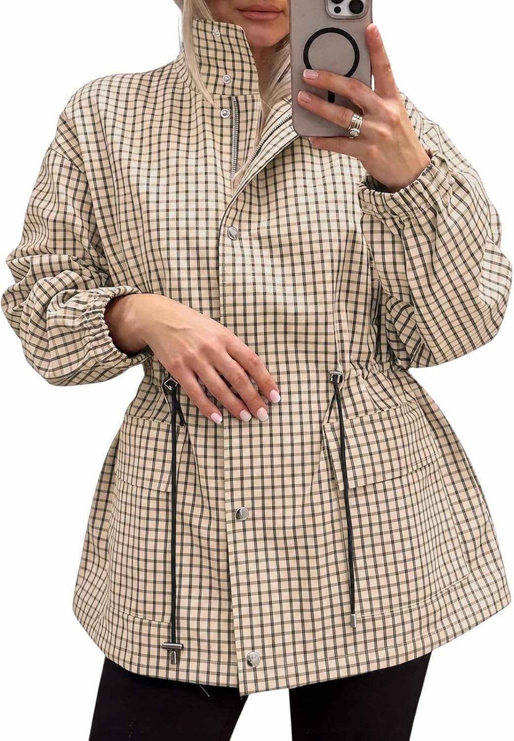 Tankaneo Womens Plaid Zip Up Jackets Casual Fall Windproof Trench Coats | Amazon (US)