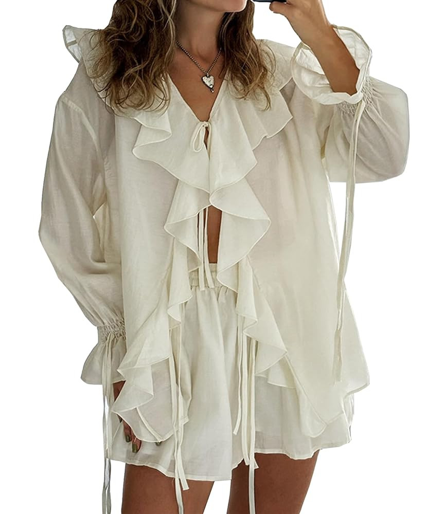 Womens 2 Piece Outfits V Neck Ruffle Tie Front Blouse Tops and High Waist Shorts Set Casualwears | Amazon (US)