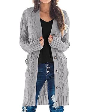 PRETTYGARDEN Long Sleeve Cable Knit Long Cardigan for Women 2024 Fall Winter Chunky Open Front Bu... | Amazon (US)