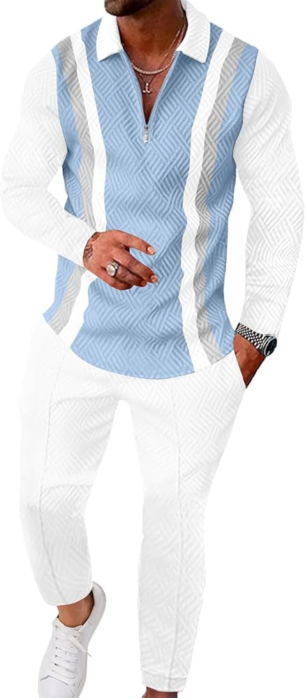UOUA Mens 2 Piece Set Casual Outfits 1/4 Zip Polo Long Sleeve Shirt & Pants Track Suit Loungewear... | Amazon (US)
