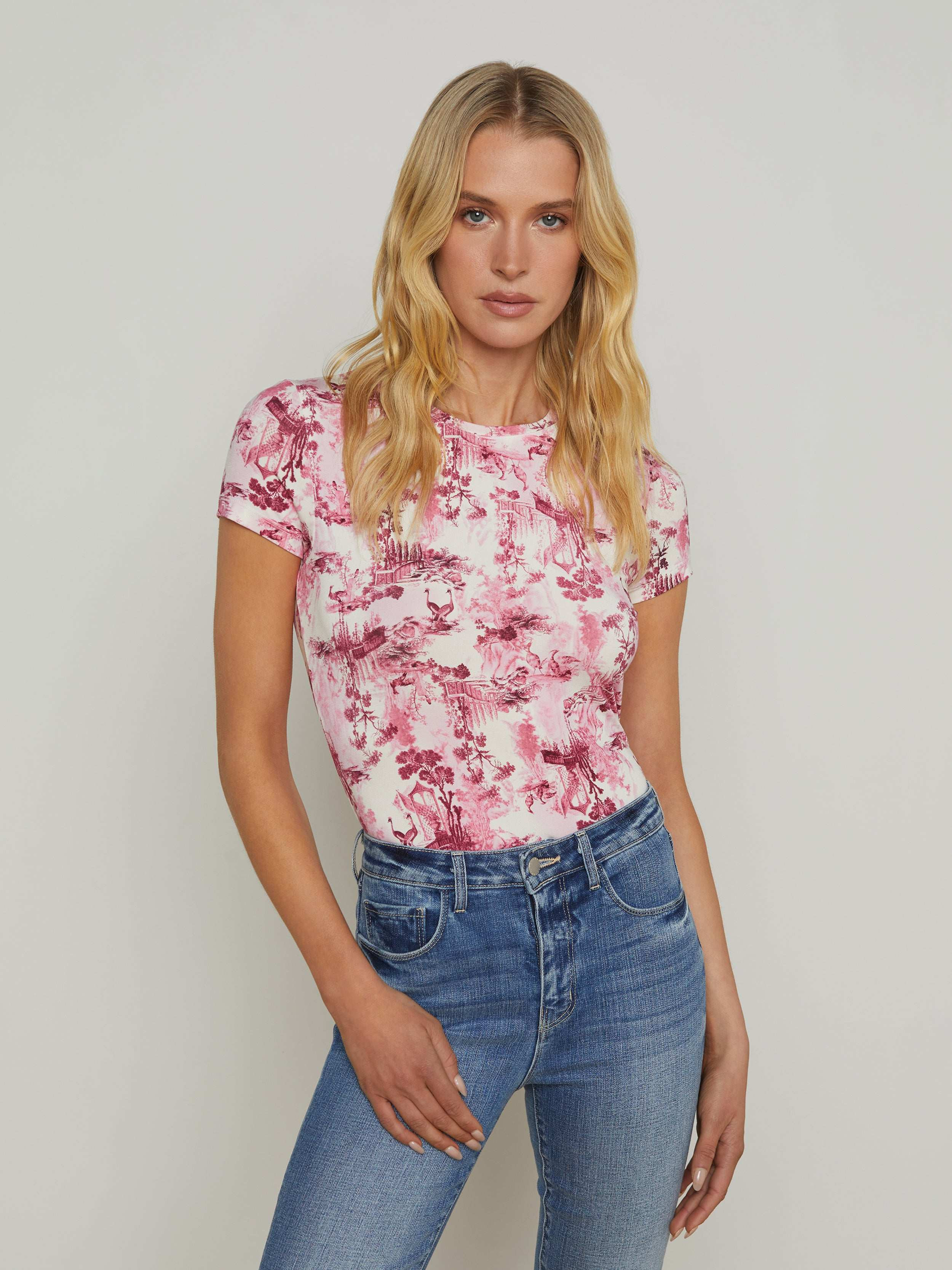 Ressi Fitted Tee in White Pink Porcelain Toile | L'AGENCE | L'Agence